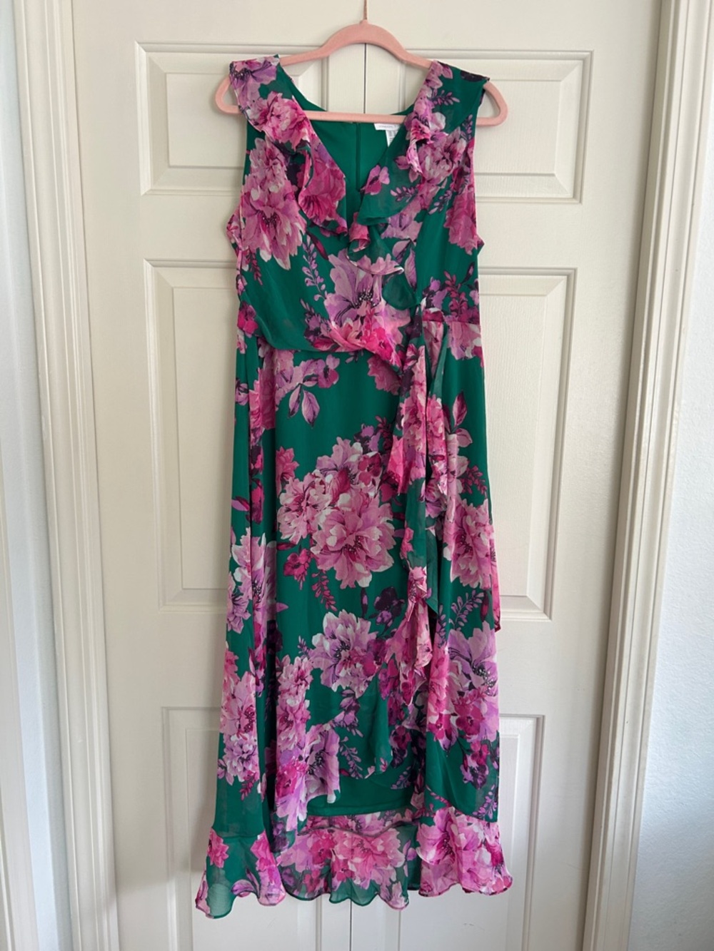 London Times Chiffon Ruffle Dress Green Maxi Dress w Pink Floral Ruffle, Size 14